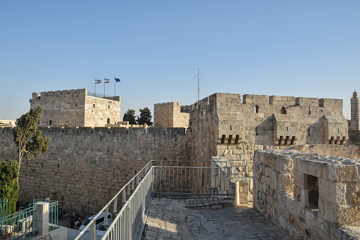 The walls of the Old City in Jerusalem. The cityscape of the historical part of the capital of Israel.