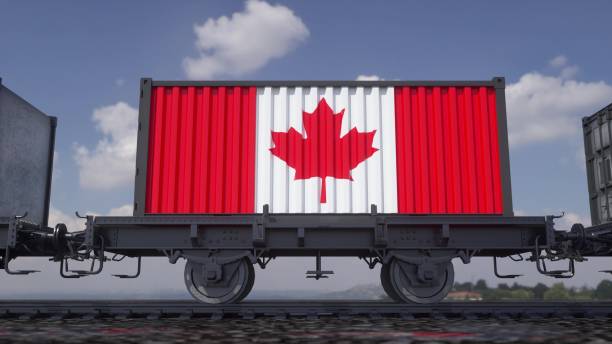 istock Containers with the flag of Canada. Railway transportation. 3d rendering 1368455750