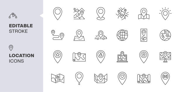 Location line icons, Navigation Icons. Fully editable stroke, Vector illustration Location line icons, Navigation Icons, Maps, logistics and delivery. Fully editable stroke, Vector illustration cartography stock illustrations