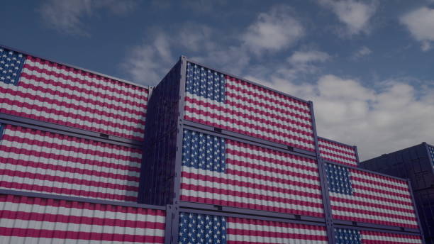 istock USA flag containers are located at the container terminal. American export or import concept. 3d rendering 1368455815
