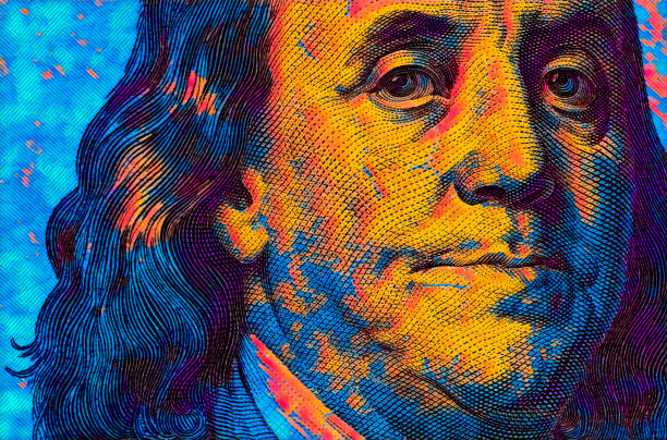 colored 100 dollar banknote fragment colored 100 dollar banknote fragment for design purpose. Benjamin Franklin closeup currency photos stock pictures, royalty-free photos & images
