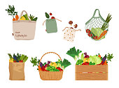 istock Set of woodbox, basket, mesh, paper and textile tote bags for shopping, storage for eco friendly living. No plastic bags. Vegan zero waste lifestyle concept. Colorful shoppers vector illustration. 1368457077