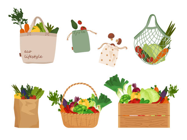 Set of woodbox, basket, mesh, paper and textile tote bags for shopping, storage for eco friendly living. No plastic bags. Vegan zero waste lifestyle concept. Colorful shoppers vector illustration. Set of mesh, net, paper and textile tote bags for shopping, storage for eco friendly living. No plastic bags. Vegan zero waste lifestyle concept. Colorful shoppers vector illustration produce basket stock illustrations