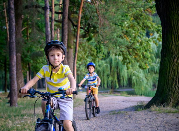 два маленьких мальчика в красочной повседневной одежде в летнем лесопарке ездят на велосипеде. активные дети катаются на велосипеде солне� - twin falls стоковые фото и изображения
