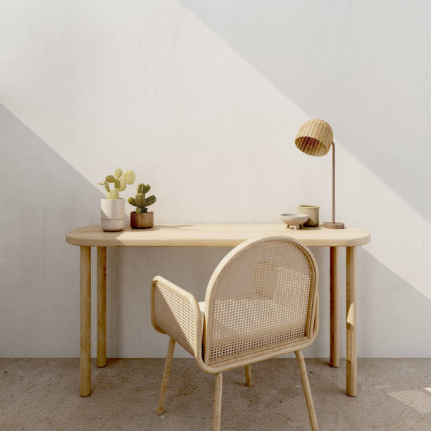 istock Working table mockup with wooden chair,table lamp and cactus in white room.3d rendering 1368457517