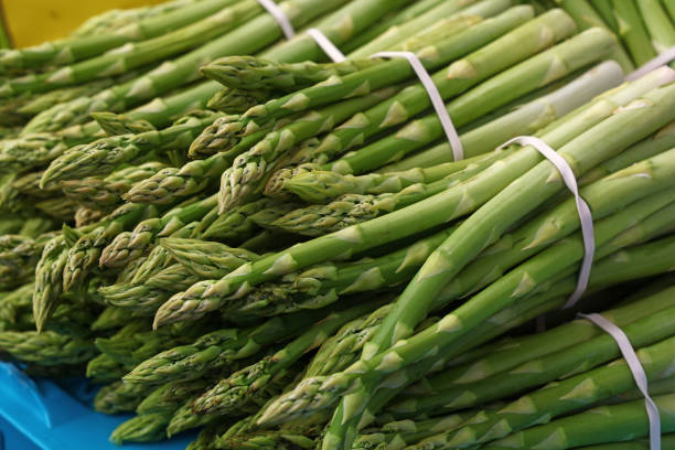 Heap of fresh green asparagus shoots close up Bunch of fresh green asparagus shoots at retail market display, close up, high angle view asparagus stock pictures, royalty-free photos & images