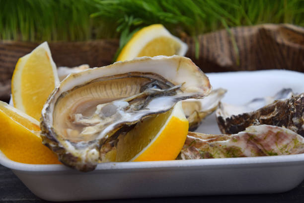 istock Portion of fresh open oysters with lemon 1368459903