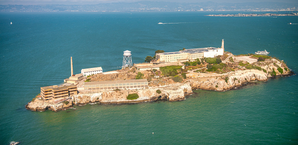 Alcatraz Island and Prison, aerial view from helicopter on a clear sunny day