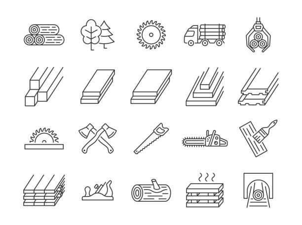 illustrazioni stock, clip art, cartoni animati e icone di tendenza di set di icone della linea di legname. raccolta di segherie con tronchi, ascia, camion per il disboscamento, sega, albero, falegnameria. - legname