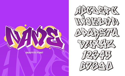 Vector graffiti font. Graffiti style alphabet letters and numbers with outline and shadow. Hip hop culture element. Easy to recolor. Ideal for emblem design, posters, header.
