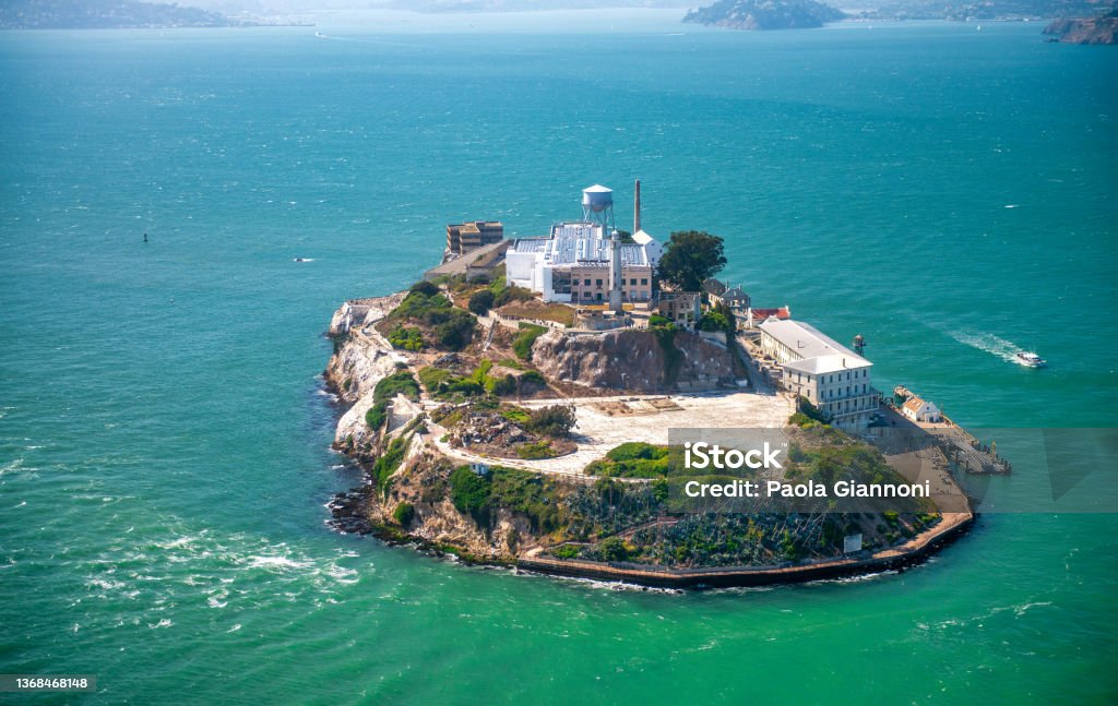 Alcatraz Island and Prison, aerial view from helicopter on a clear sunny day. Alcatraz Island and Prison, aerial view from helicopter on a clear sunny day Alcatraz Island Stock Photo