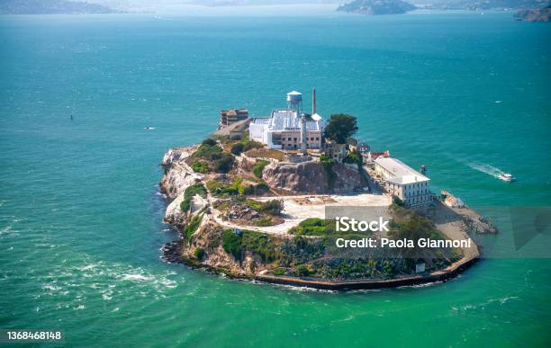 Alcatraz Island And Prison Aerial View From Helicopter On A Clear Sunny Day Stock Photo - Download Image Now