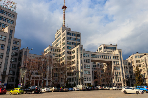 Kharkov, Ukraine - April 5, 2021: State Industry Building or the Palace of Industry (Derzhprom or Gosprom) on the Freedom square in Kharkov, Ukraine