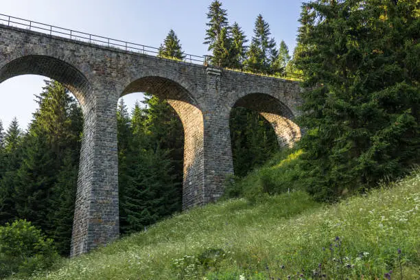 Chmaro viaduct in summer season, Telgárt, Slovakia. Unique technical landmark and popular tourist spot.