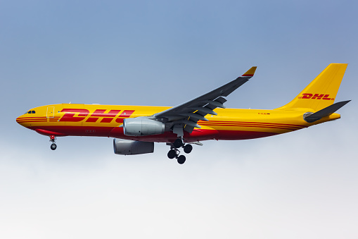 New York, United States - February 29, 2020: DHL European Air Transport Airbus A330-200F airplane at New York JFK airport in the United States.