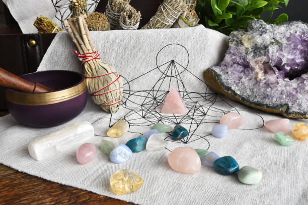 istock Sacred Geometry Grid Cloth and Meditation Singing Bowl 1368471833
