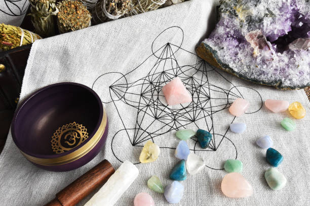 istock Sacred Geometry Grid Cloth and Healing Crystals 1368472487