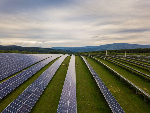 istock Solar panel photo close up on blue sky background, renewable energy eco 1368472668