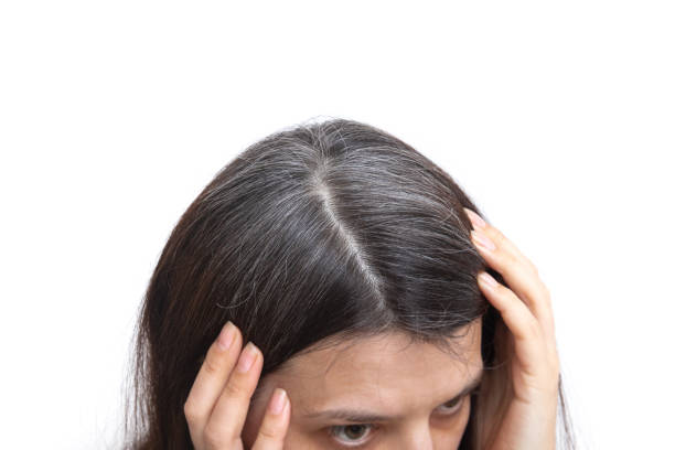 Head of a woman with graying hair on a white background. The concept of early gray hair Head of a woman with graying hair on a white background. The concept of early gray hair. gray hair young woman stock pictures, royalty-free photos & images