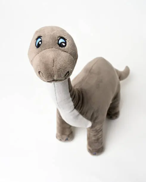 Brontosaurus dinosaur plush toy face closeup isolated on white background