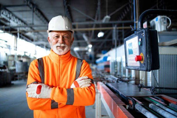 Professional factory worker or engineer in high visibility jacket and hardhat standing by automated machine in industrial production hall. Factory interior. Professional factory worker or engineer in high visibility jacket and hardhat standing by automated machine in industrial production hall. Factory interior. helmet hardhat protective glove safety stock pictures, royalty-free photos & images