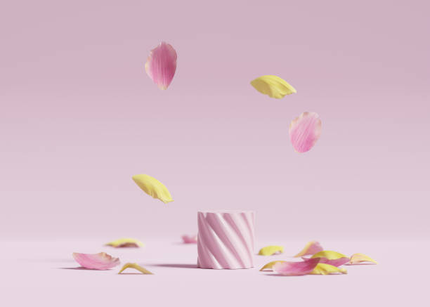 3D  display, podium background. Pastel pink flower petals falling. . Nature minimal pedestal for beauty, cosmetic product presentation. Feminine copy space. Template stand. 3d render Social media background for product placement tulip petals stock pictures, royalty-free photos & images