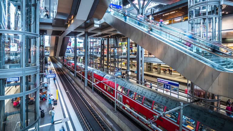 Berlin, Germany, Timelapse View of Berlin Central Station Showing Passengers and Trains Arriving and Departing