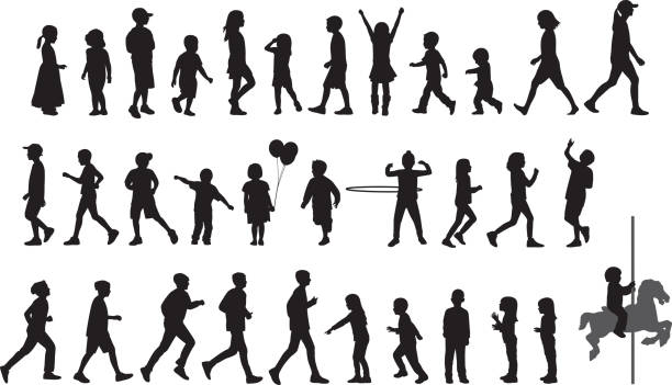 illustrazioni stock, clip art, cartoni animati e icone di tendenza di siluette per bambini 2 - profile people in a row group of people people