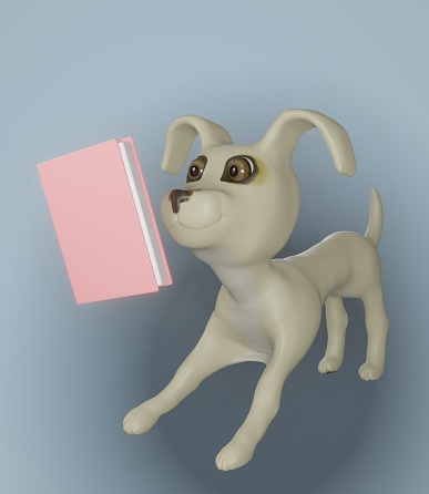 3D render of Dog and Book and Blue Background