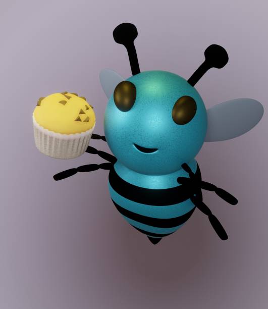 3D render of Blue Bee and muffin and Blueish Purple Background