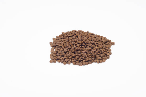 Healthy dog food of lamb with vitamins with no additive artificial flavor and color over white background.