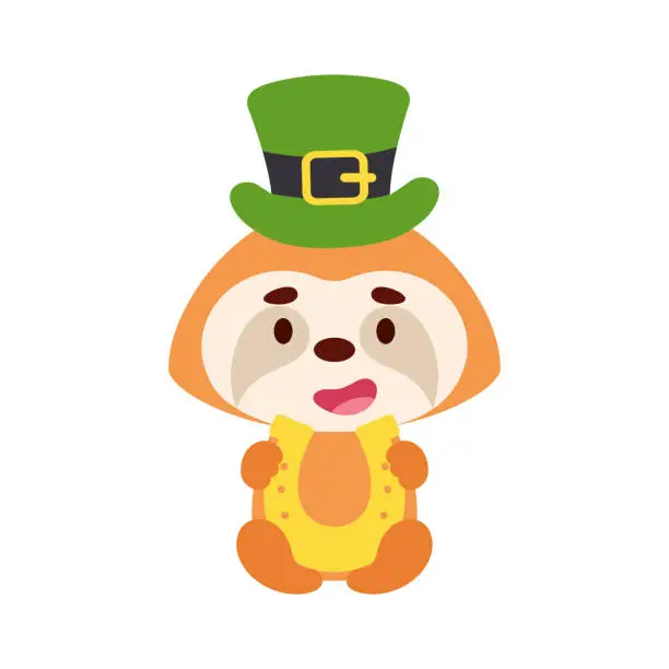 Vector illustration of Cute sloth St. Patrick's Day leprechaun hat holds horseshoe. Irish holiday folklore theme. Cartoon design for cards, decor, shirt, invitation. Vector stock illustration.