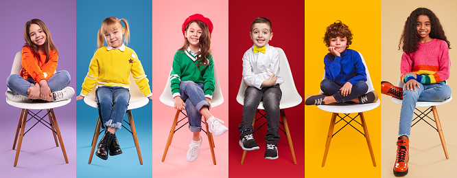 Collage of happy diverse children in colorful trendy outfits sitting on chairs and looking at camera