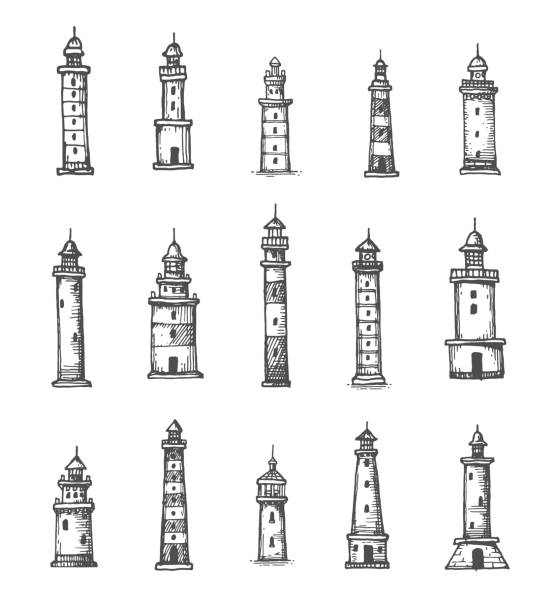 illustrations, cliparts, dessins animés et icônes de carte antique vintage phare et croquis de balise - sea storm lighthouse rough