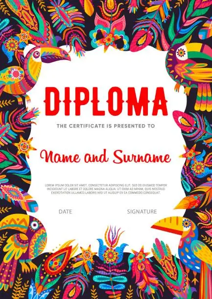 Vector illustration of Kids diploma, cartoon mexican toucans and feathers