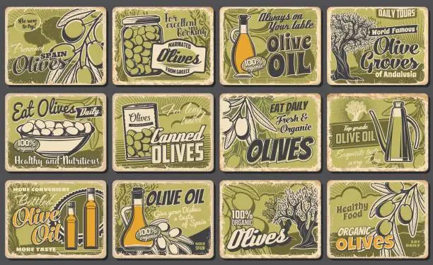 Vector illustration of Olive oil rusty metal plates, green olives posters