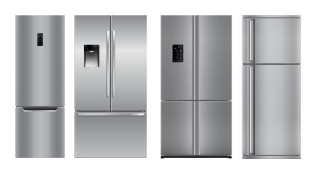 illustrazioni stock, clip art, cartoni animati e icone di tendenza di frigoriferi e frigoriferi da cucina moderni realistici - frigorifero