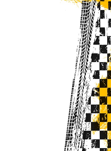 Racing sport grunge background, checkered racing flag with grunge tire tracks, vector poster. Wheel traces of car and truck tyre prints, motorcycle or offroad and motocross tread trails of rally sport