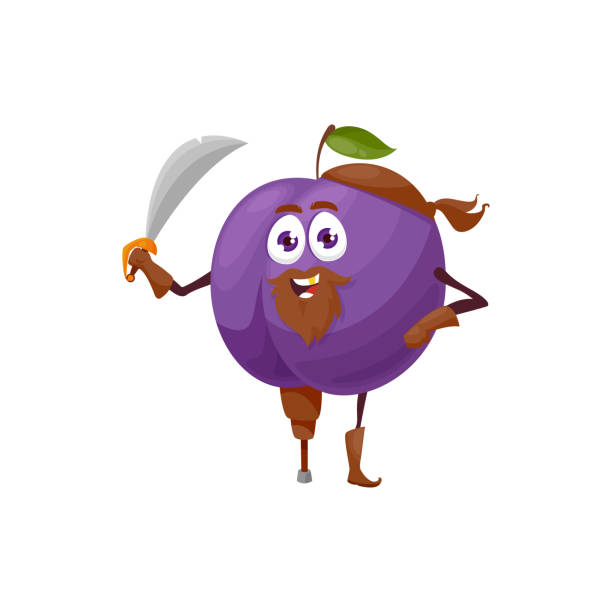 illustrazioni stock, clip art, cartoni animati e icone di tendenza di plum personaggio dei cartoni animati pirata bucaniere con spada - buccaneer