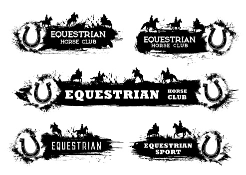 Horse racing, polo and riding equestrian sport grunge vector banners. Race horse, jockey or horseback rider, horseshoe and equine harness black silhouettes with halftone pattern and paint splashes