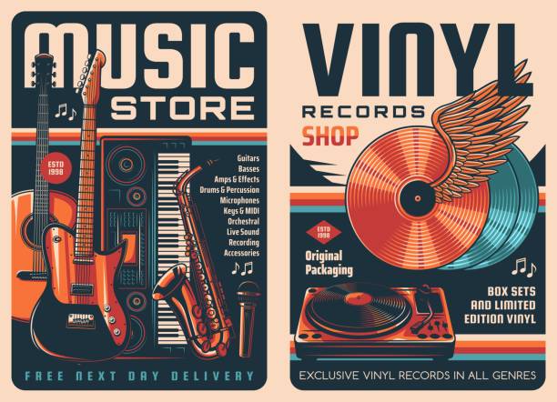 vinyl records and music store retro posters Vinyl records and music store retro posters. Vintage music records shop, musical instruments and equipment store vector banners with guitars, MIDI keyboard and saxophone, vinyl disks turn table brass horn stock illustrations