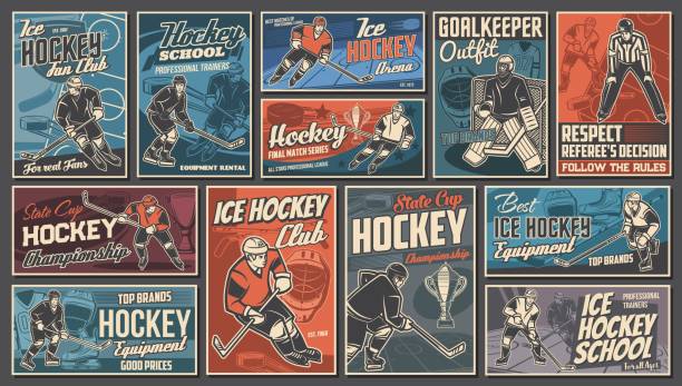 illustrations, cliparts, dessins animés et icônes de joueurs de hockey sur glace, bannières vintage de jeu de sport - ice hockey hockey puck playing shooting at goal