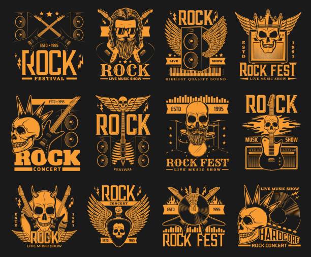 Hard rock concert, band live show festival icons Rock festival, hardcore music live show icons. Vector skull with horns, crown and mohawk hairstyle, winged electric guitars, rocker and vinyl disc, Acoustic system cabinets and amplifier, drums kit rock music stock illustrations