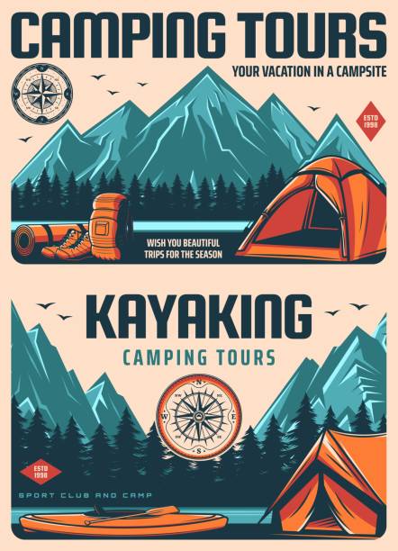 ilustrações de stock, clip art, desenhos animados e ícones de camping, kayaking and hiking travel vector posters - rafting on a mountain river