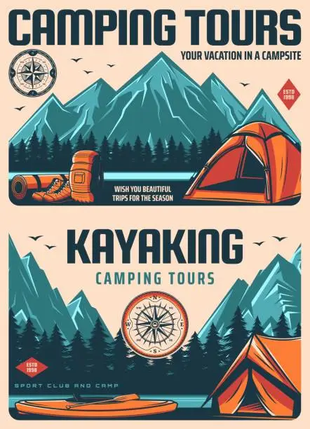 Vector illustration of Camping, kayaking and hiking travel vector posters