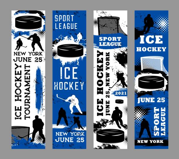 Ice hockey sport grunge banners, player silhouette Ice hockey sport grunge banners of players vector silhouettes on rink with hockey pucks, sticks and gates, ice skates, uniform helmets. Sport league tournament match invite flyers with paint splashes hockey stock illustrations