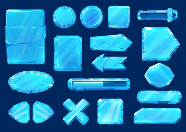 ilustraciones, imágenes clip art, dibujos animados e iconos de stock de conjunto de botones de interfaz de panel de usuario de cristal de hielo conjunto de interfaz - ice crystal textured ice winter