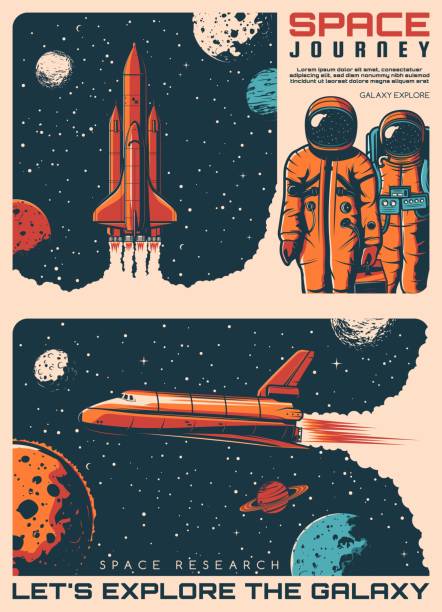 ilustraciones, imágenes clip art, dibujos animados e iconos de stock de exploración de galaxias, astronautas y carteles de naves espaciales - exploración espacial