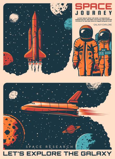 Galaxy explore, astronauts and spaceship posters Galaxy explore, astronauts and spaceship retro posters. Vector space universe with rocket launch, spaceship or shuttle floating through stars and planets, astronauts with spacesuits and helmets space exploration stock illustrations