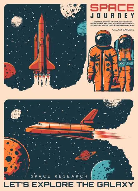 Vector illustration of Galaxy explore, astronauts and spaceship posters